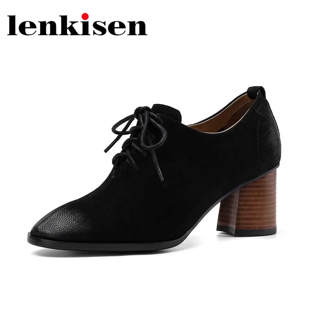 

Lenkisen new arrival vintage cow leather bowtie sewing daily wear square toe high thick heels lace up oriental women pumps L82