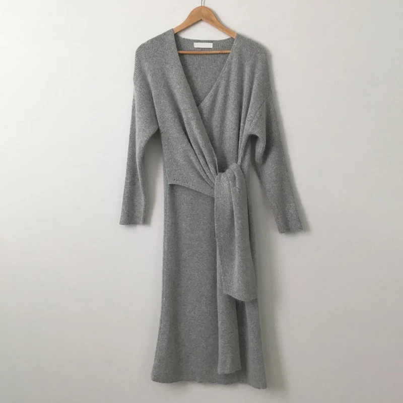 Korean Belted Cashmere Sweater Dress Women Office Lady V Neck Knitted Winter Warm Thick Party Plus Size Loose V953 | Женская одежда