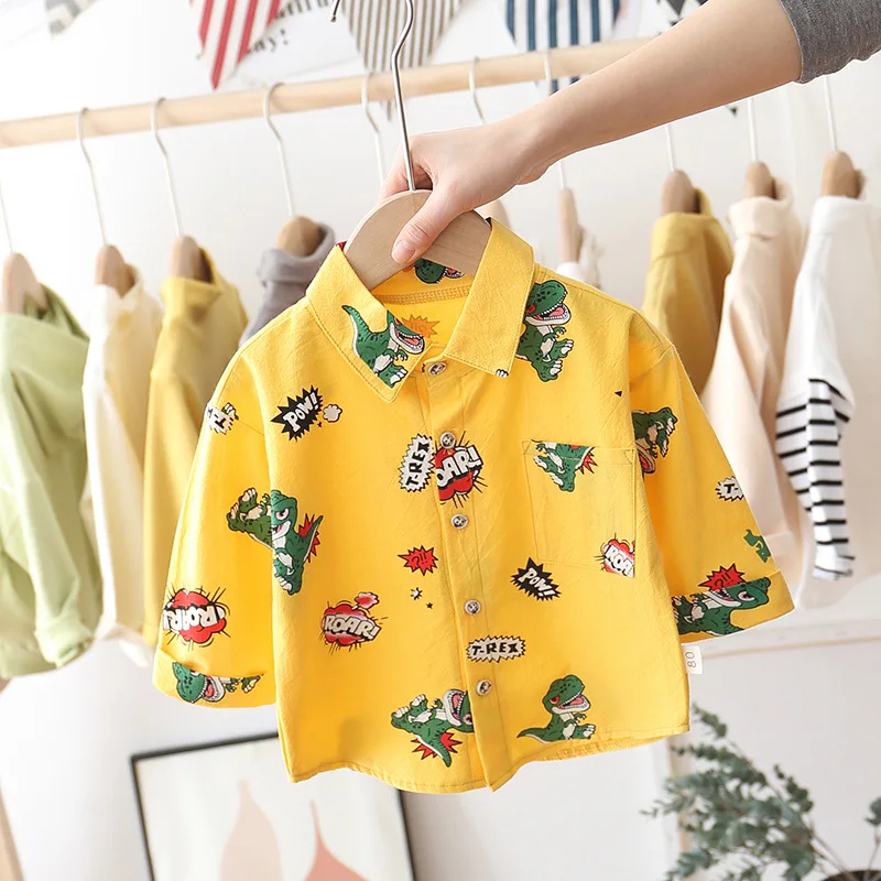 Демисезонная Модная хлопковая рубашка с длинным рукавом для маленьких мальчиков