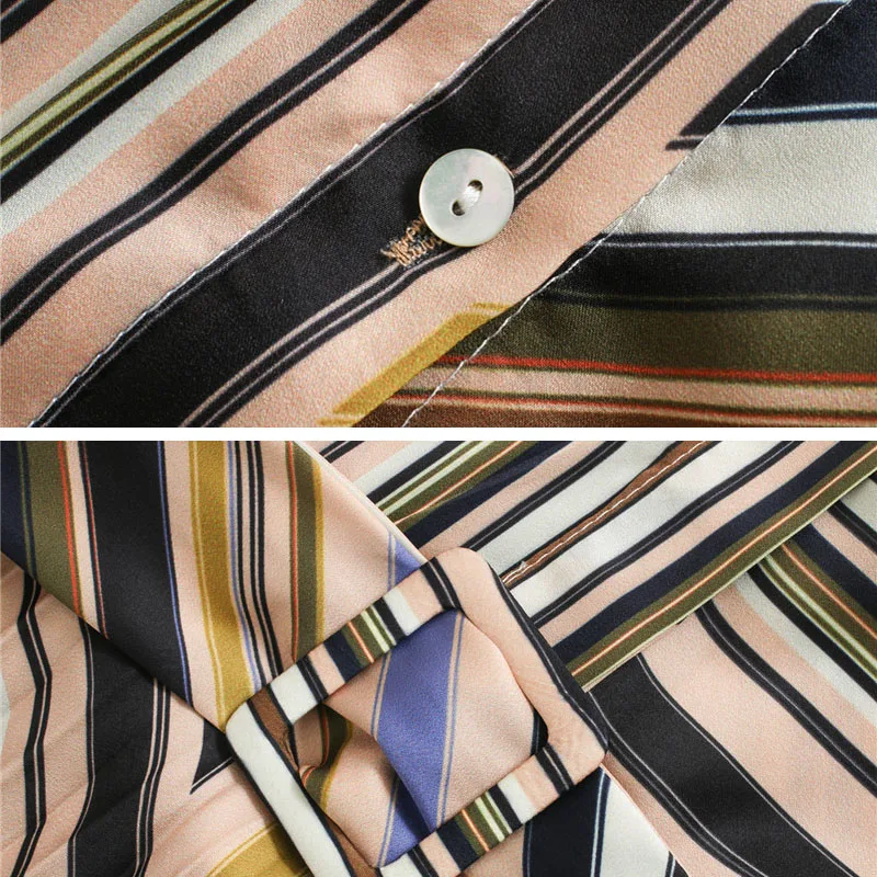 

Office lady Women Stripe Print Pleated dress 2020 Spring Summer Turn down collar Buttons Female Dress With Sashes YNZZU YD406