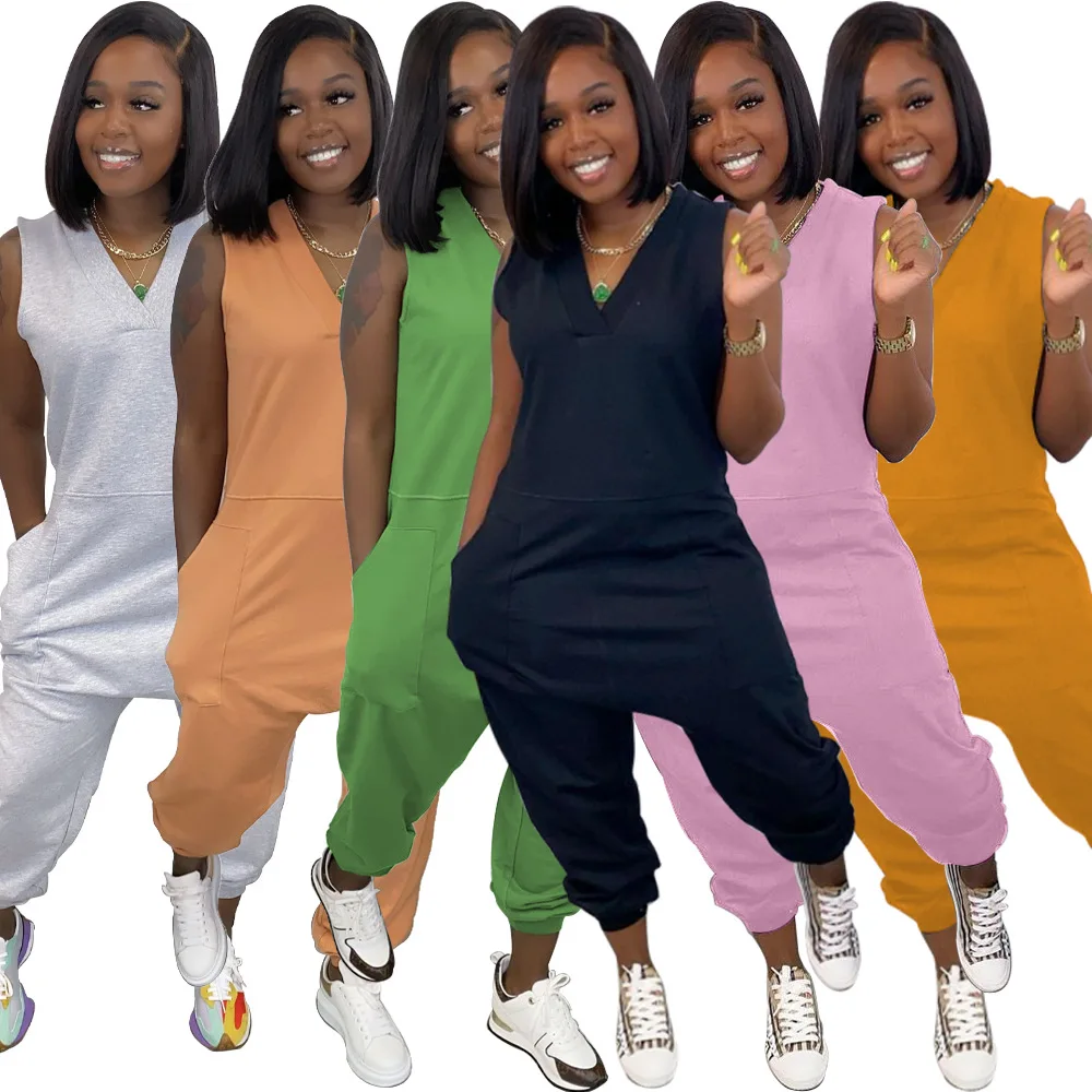 

S-5XL Plus Size Solid Loose One Piece Overall for Women Casual Deep V Neck Sleeveless Jumpsuit Summer Mujer Full Length Romper