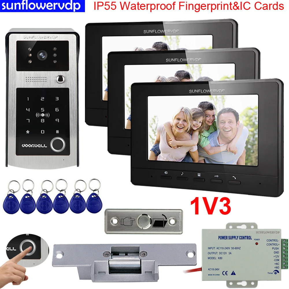 

Домофон с отпечатком пальца/интегральной схемой/кодом, набор уличных домофонных систем с цветными экранами 7 дюймов, водонепроницаемость ...