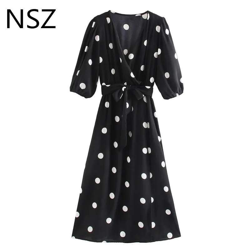 NSZ женское платье в горошек с запахом коротким рукавом перекрестным v-образным
