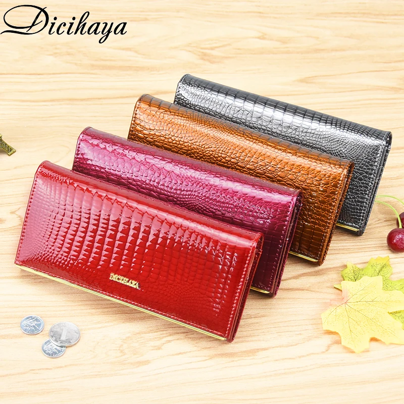 dicihaya genuine leather women wallets multifunction purse red card holder long wallet clutch bag ladies patent leather purse free global shipping