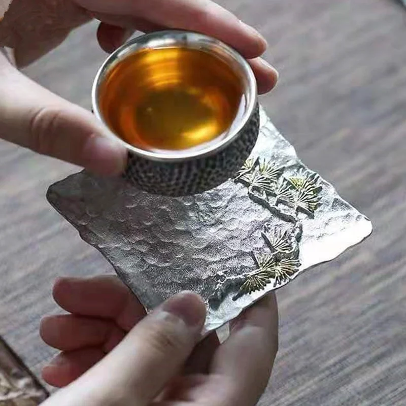 

Manual Pure Tin Metal Cup Mat Bronze Coasters Mats Kung Fu Tea Coffee Cups Pad Heat-resistant Mug Coasters Table Decoration L