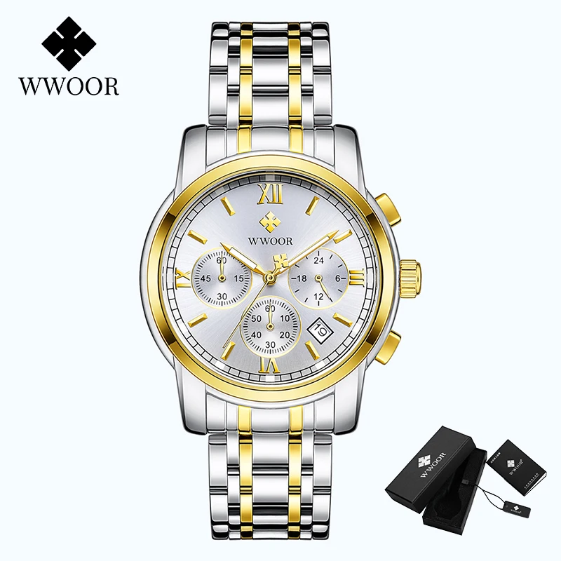 

WWOOR 2021Gold White Watch Men Reloj Hombre Casual Business Stainless Steel Wrist Watch For Men Waterproof Sport Chronograph New
