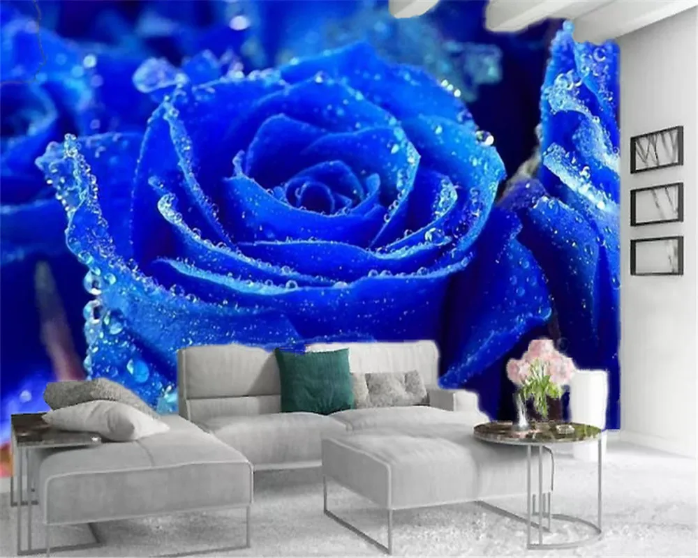 Фотообои на заказ с изображением нежных каплевидных синих роз романтичных