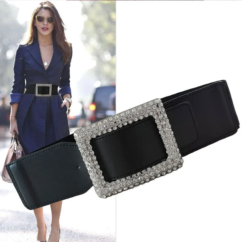 Luxury Leather Elastic Wide Belt For Women Square Rhinestone Buckle Waist Strap Designer Brand Ladies Decorative Waistband