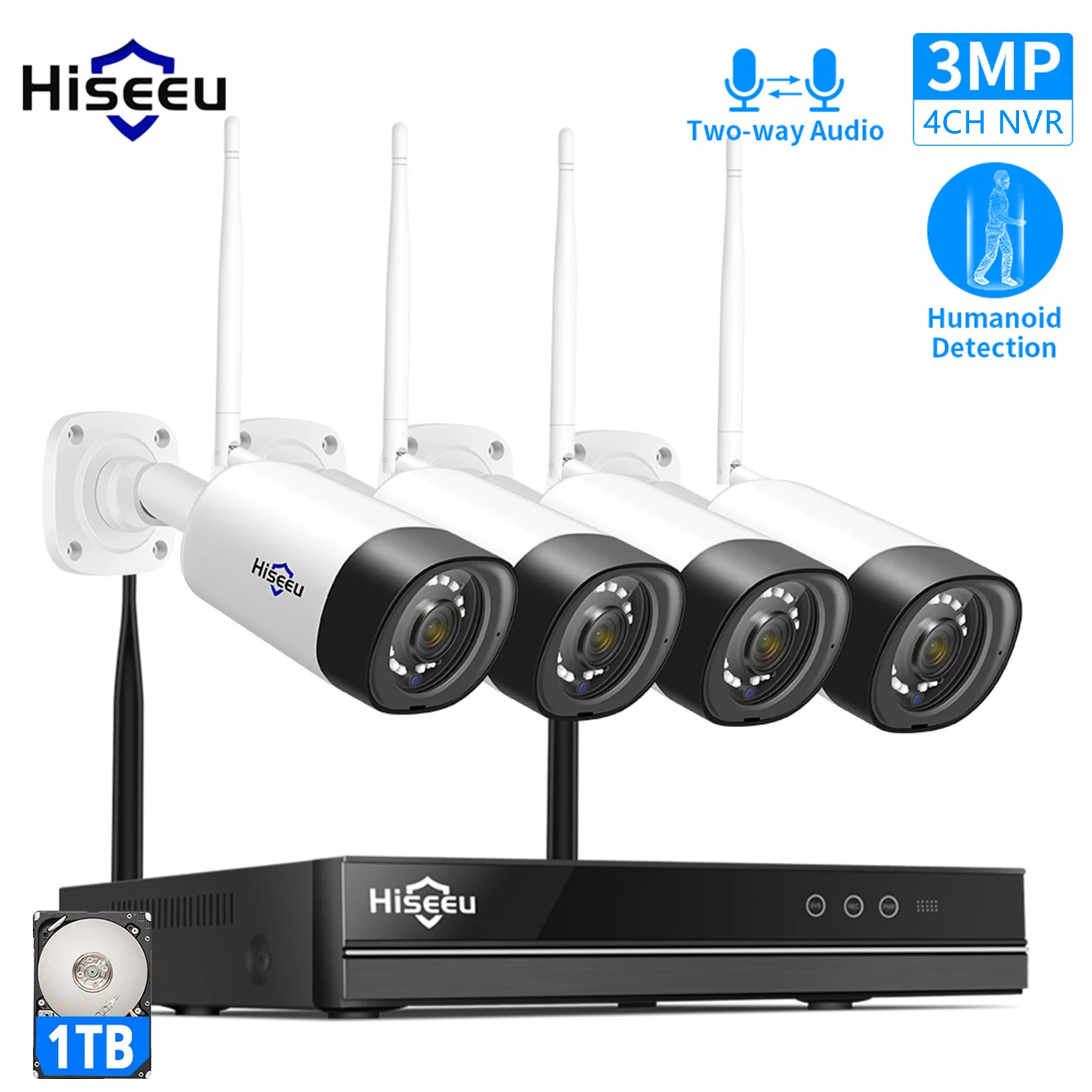 

3MP Home Wireless Security Camera System with 1TB Hard Drive 4CH NVR +4pcs 3MP Outdoor Waterproof WiFi Surveillance Camera