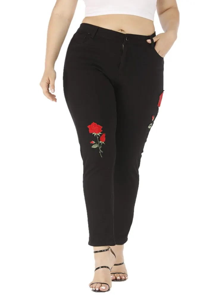 

WITHZZ Women's Slim Embroidered Plus Size Denim Trousers Pencil Pants Female Jeans