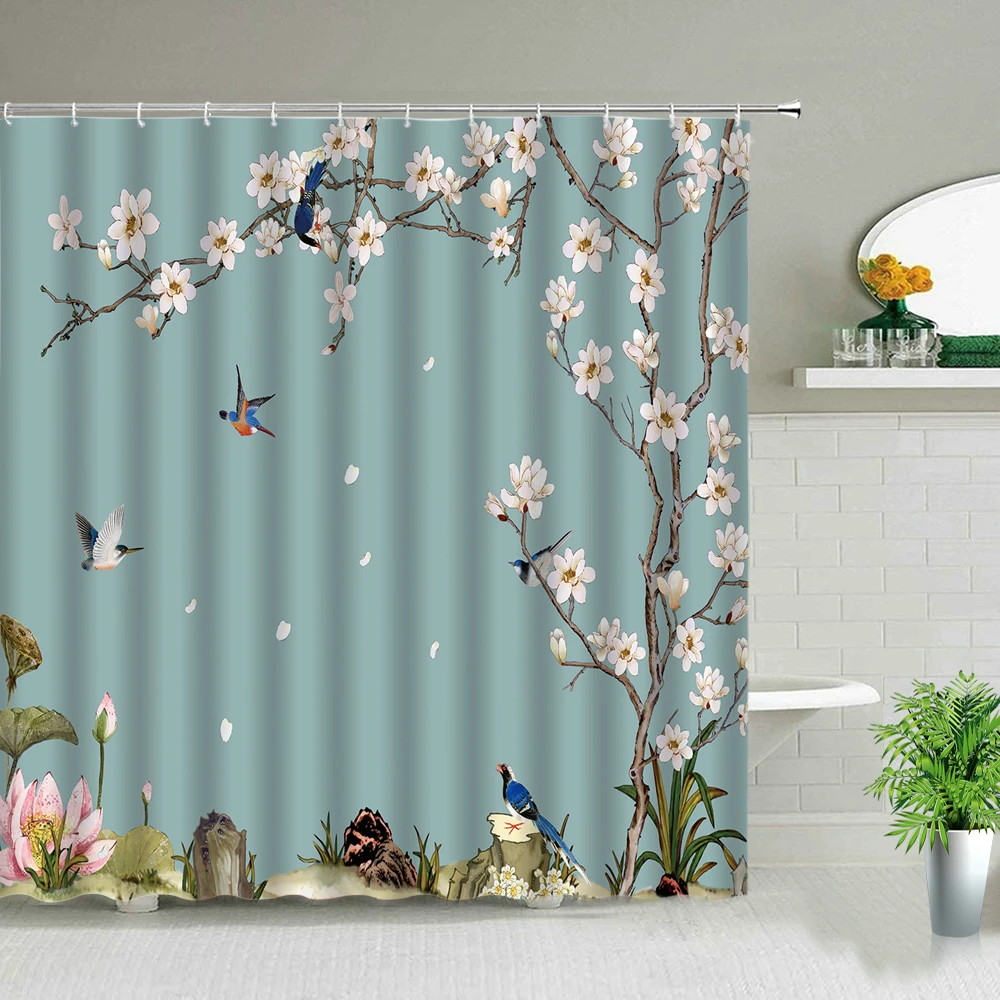 

Chinese Style Flower and Birds Tree Shower Curtains Bath Curtain Waterproof Bathroom Decor With Hooks 3d Printing Cloth Curtain
