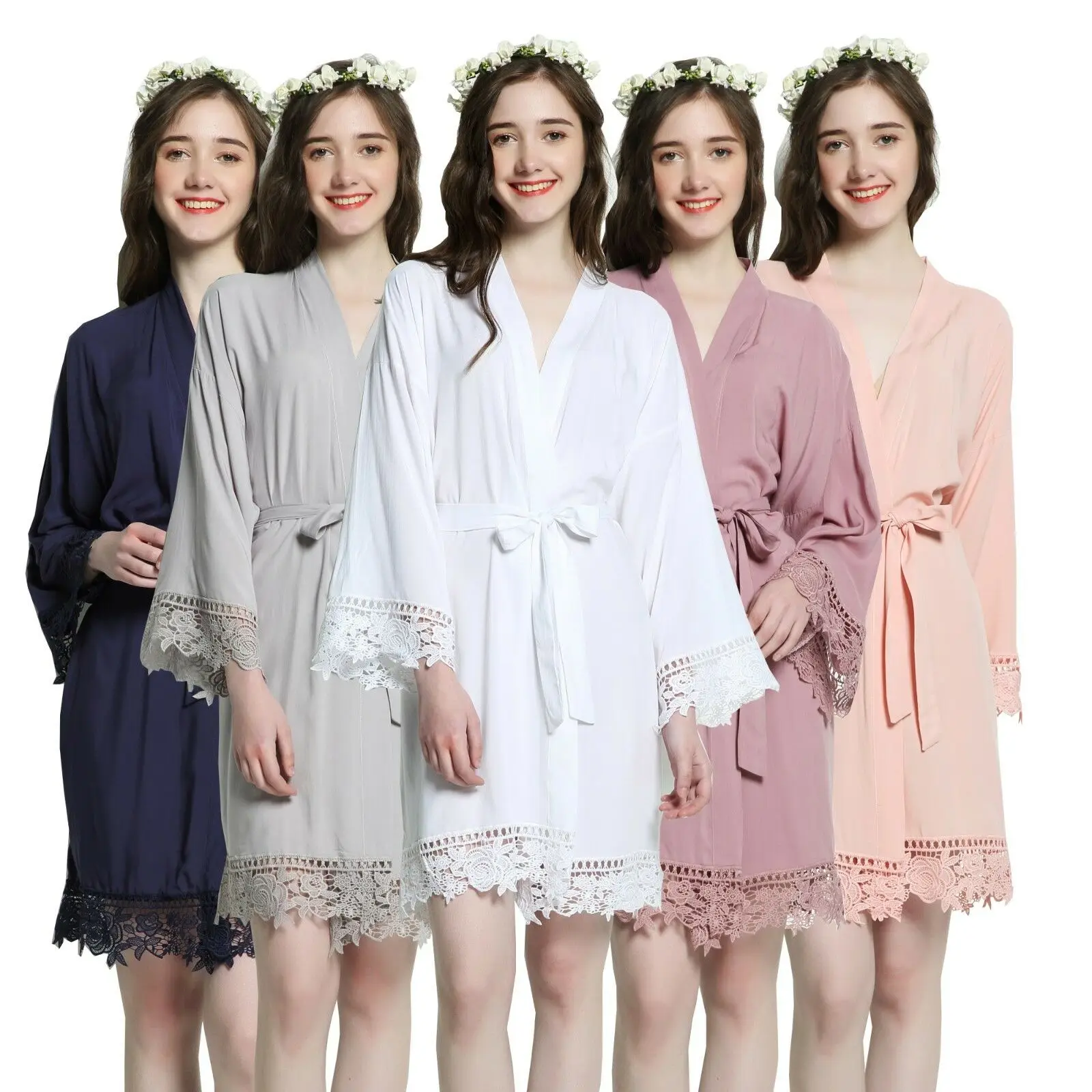 Women Cotton Lace Robe Bride Robe Bridesmaid Robes Bridal Wedding Robe Bathrobe Sleepwear Dressing Gown Orange Robes