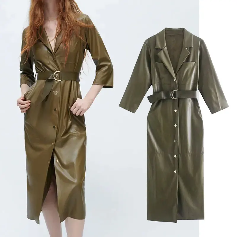 

Платье-миди женское кожаное на пуговицах с поясом и длинным рукавом