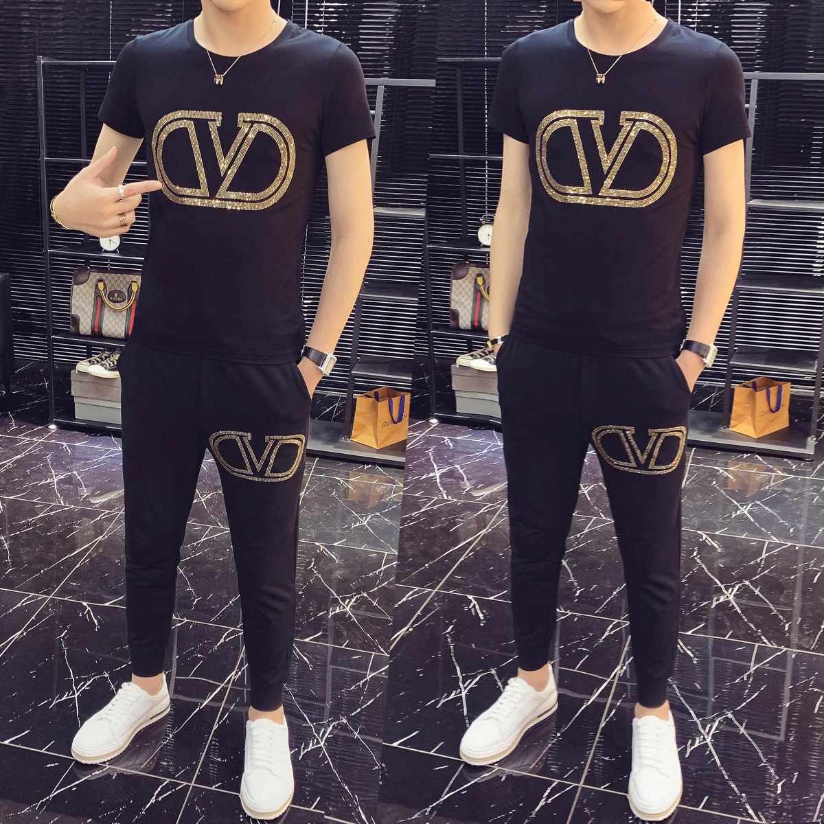 Костюм мужской из 2 предметов с принтом облегающая футболка коротким рукавом и