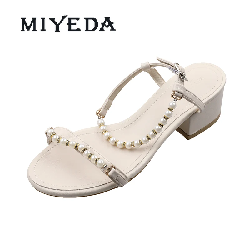 

MIYEDA Womens Sandals Open Toe Summer Pearl Elegant Buckle Strap Female Shoes Mid Heels Shallow Modern Women Sandal