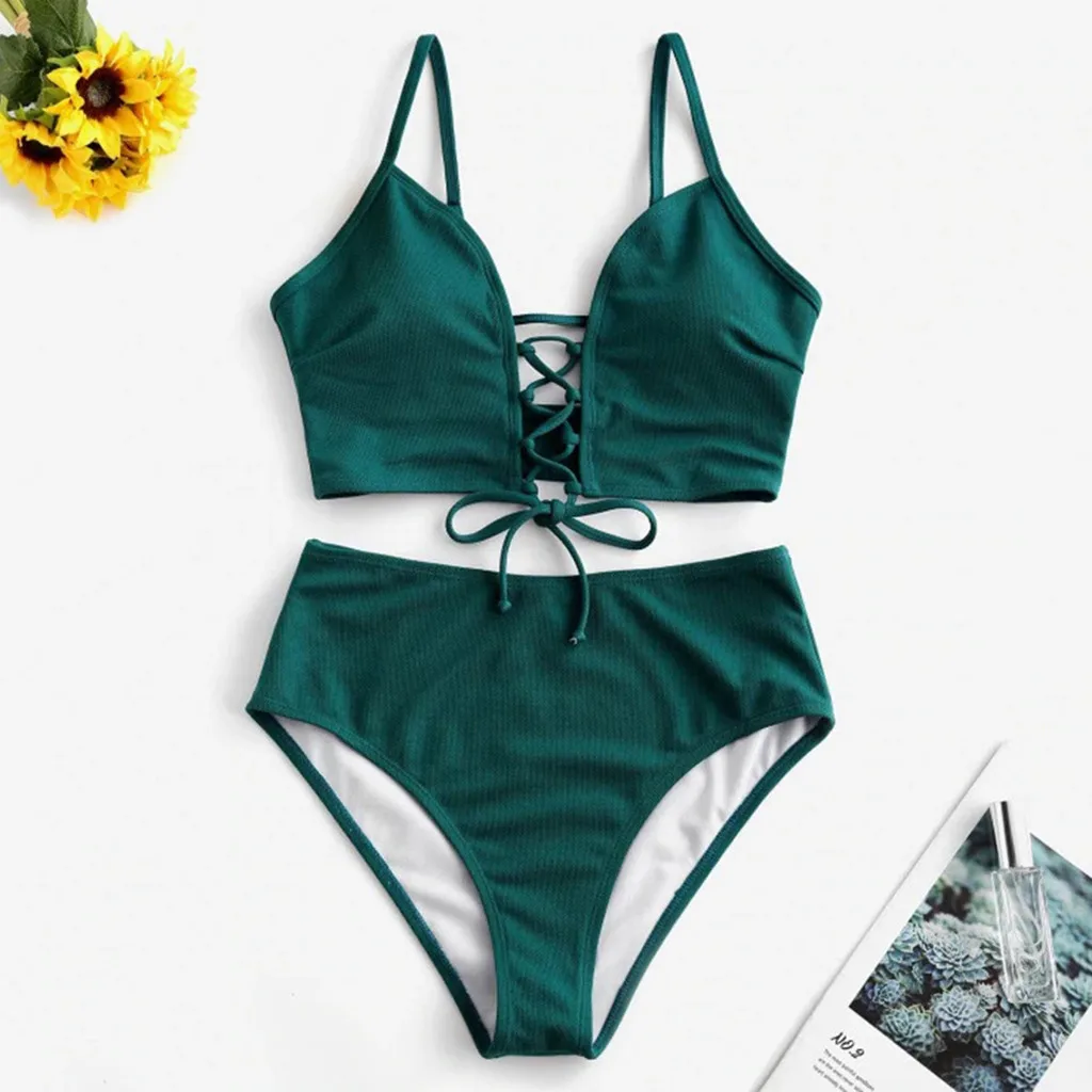 

Knotted Lace Sexy Bikinis Solid High Waist Floral Print Bikini Padded Swimsuit Female Swimwear Beachwear New Biquini Bikini