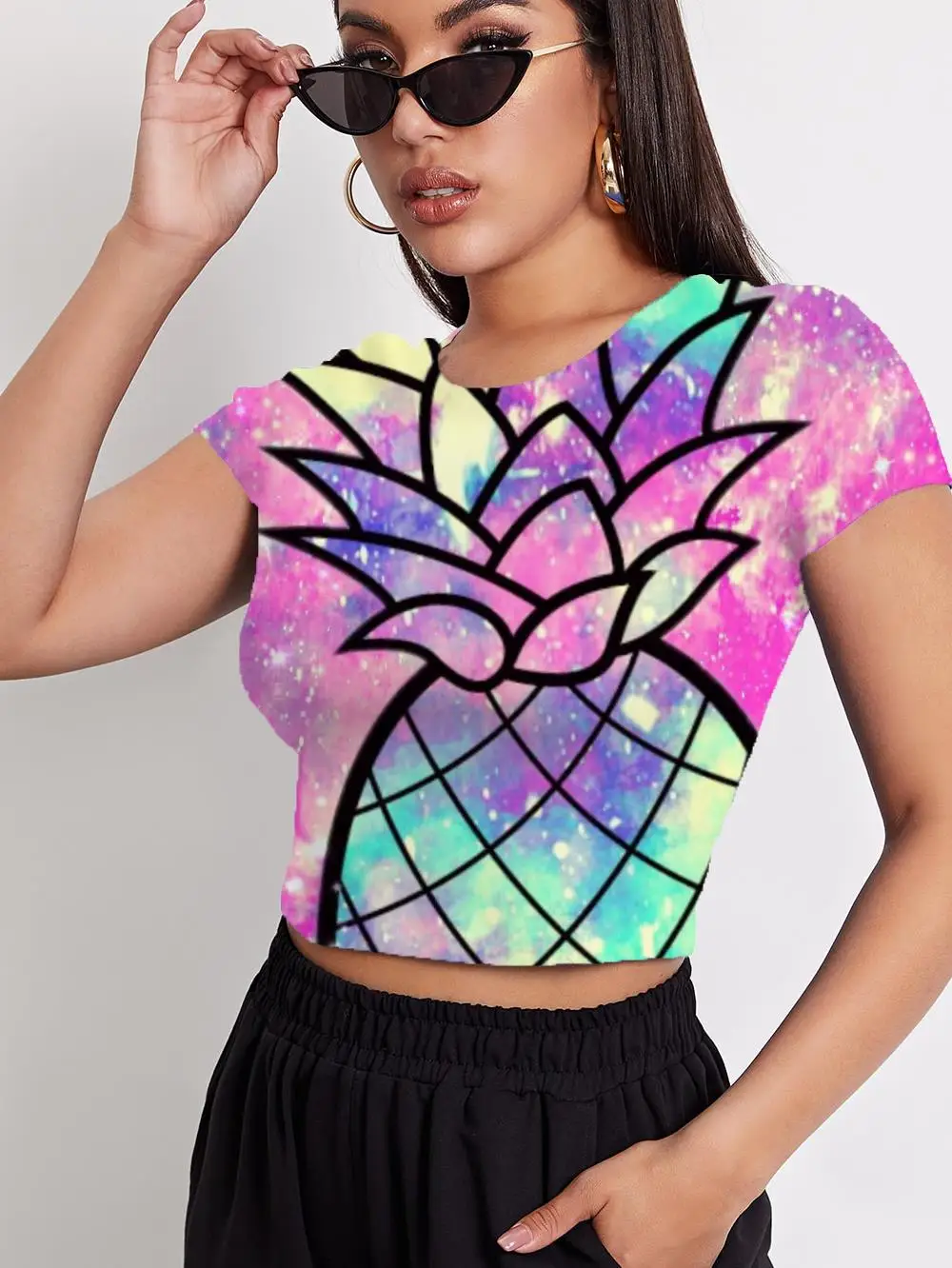 Футболка женская с рисунком ананаса повседневная разноцветная рубашка принтом