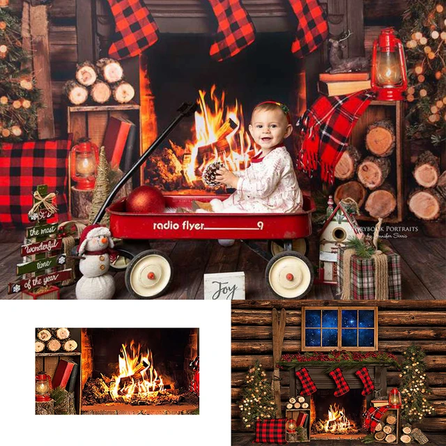 

Fire Wooden Christmas Gift Backdrop Background Wreath Photo Studio Props Family Party Decor