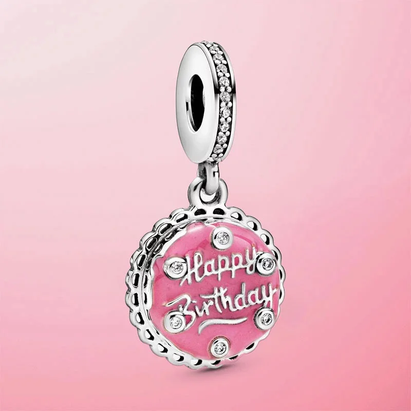 

925 Sterling Silver Pink Happy Birthday Cake Dangle Charm Fit Original Pandola Bracelet DIY Jewelry Birthday Gift for Girlfriend