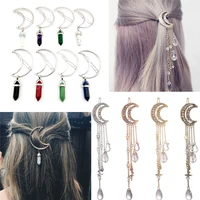 vintage fashion womens cresent moon hair clips quartz hexagon natural stone bullet prism charm hairpin gifts