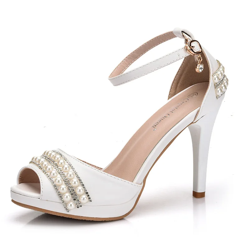 

women sandals wedding banquet PU Rhinestones Buckle Strap 10CM Thin High heels Peep Toe sandal women shoes 2020 size 35-42 white