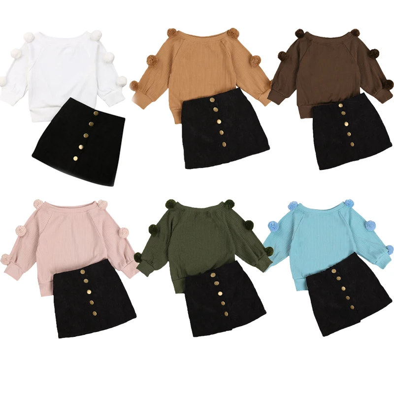 

4 Colors Fashion Kids Girls Clothes Sets 2pcs Knit Solid Balls Long Sleeve Pullover Sweater Tops A-Line Button Skirts