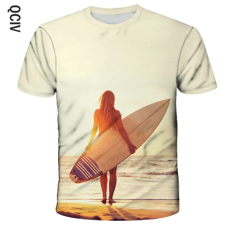 

Boys And Girls 3D Printing Short-sleeved T-shirt Sea Surfing Suit Beautiful Scenery Urban Fashion Top Round Neck New