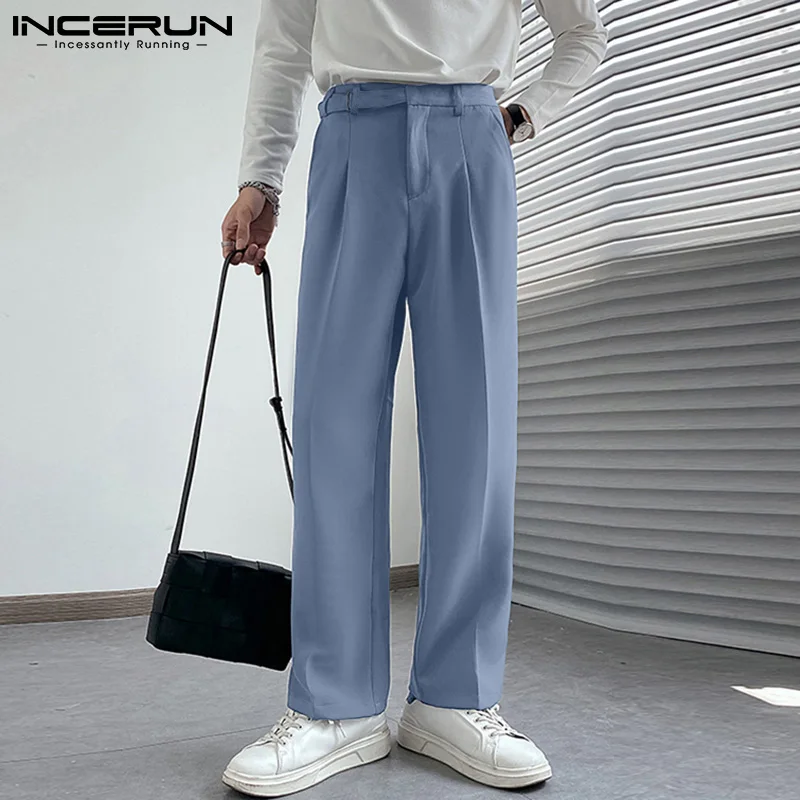 

INCERUN 2021 Men Straight Pants Joggers Loose Pockets Streetwear Casual Trousers With Belt Solid Color Fashion Leisure Pantalon
