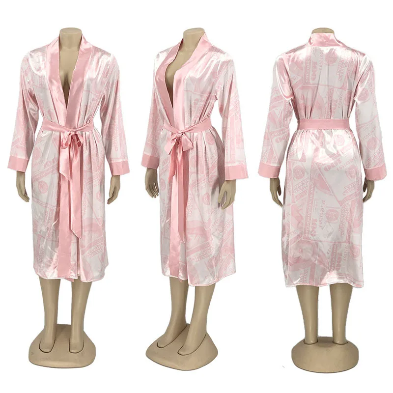 

Sexy Money Print Satin Silk Robes for Women Sleepwear Nightgown Homewear Bathrobe Pajamas Lounge Cash Dollar Print Wear Kimono