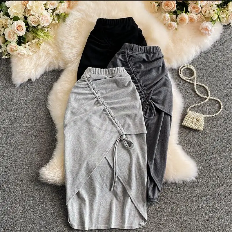 

2022 Women Knit Skirt Solid High Elastic Waist Party Club Skirts Sexy Drawstring Ruched Irregular Midi Skirt Streetwear p945