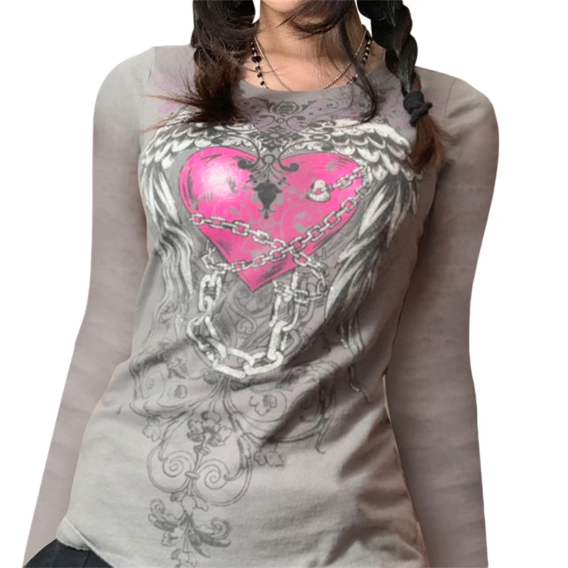 

Hirigin 2021 Women\u2019s Casual Long Sleeve T-shirt Fashion Chain Heart Wing Print Round Neck Slim Fit Pullover Tops Streetwear