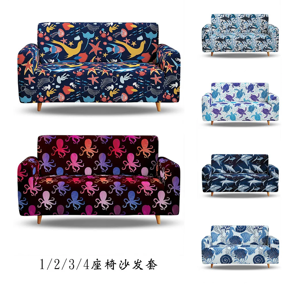 

2021 Sea World Pattern Elastic Slipcovers Sofa Universal Sofa Cover Stretch Sectional Couch Cover Sofa Cover for Living Room