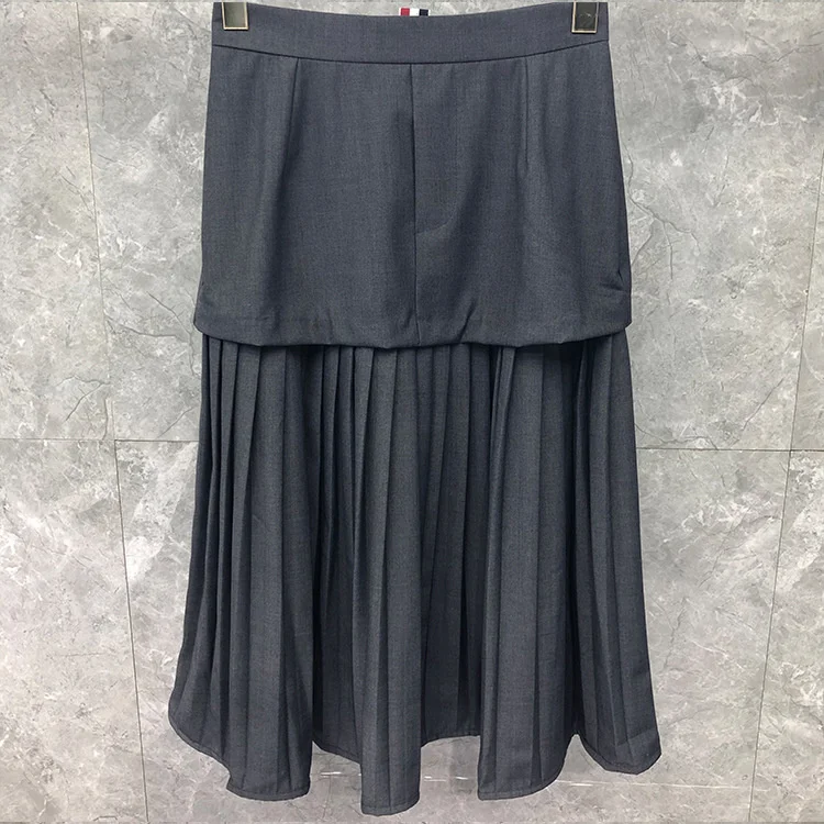 

2021 Fashion Brand Skirts Women Slim Skirts Mid-Calf Double Layer Skirt Solid Striped Casual Spring Autumn Pleated Skirt