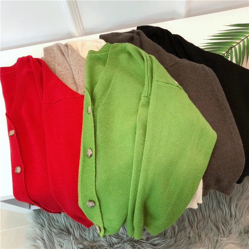 

Осень 2021, Женский вязаный кардиган с V-образным вырезом, Свободный Повседневный свитер с длинным рукавом, кардиганы, пальто, мягкие однотонн...