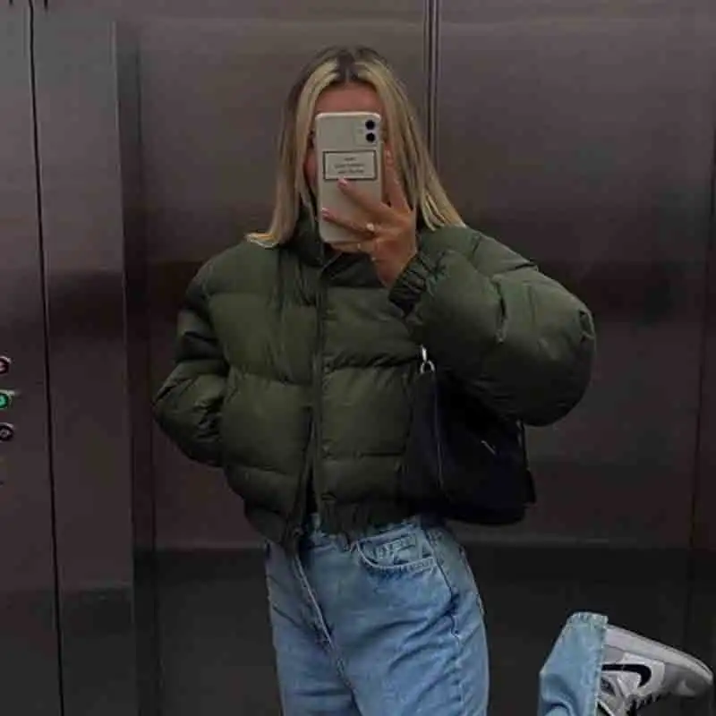 Women Jacket Solid Puffer Cotton-Padded Zip-Up Coat Turtleneck Adjustable Waist Casual Streetwear Autumn Winter Clothes