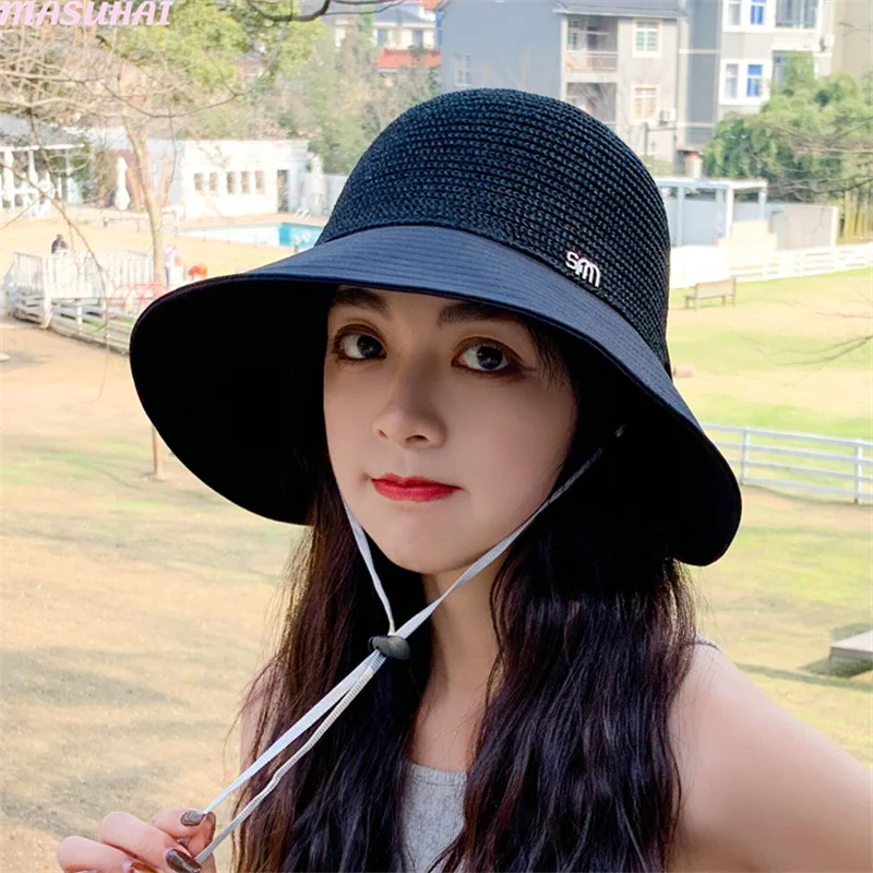 

MASUHAI Hat female summer Korean fashion knitted hollow out sunscreen straw hat versatile small face anti ultraviolet fisherman