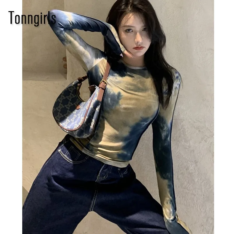 

Tonngirls Sexy Harajuku Slim T Shirt Women Tie Dye Print Long Sleeve Tops Korean Style Tshirts Vintage Streetwear Skinny Tee Top