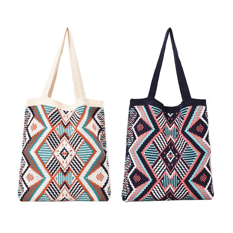 

2 Pcs Winter Bohemian Woven Women's Shoulder Bag Large Capacity Travel Handbag Casual Messenger Bag White & Blue