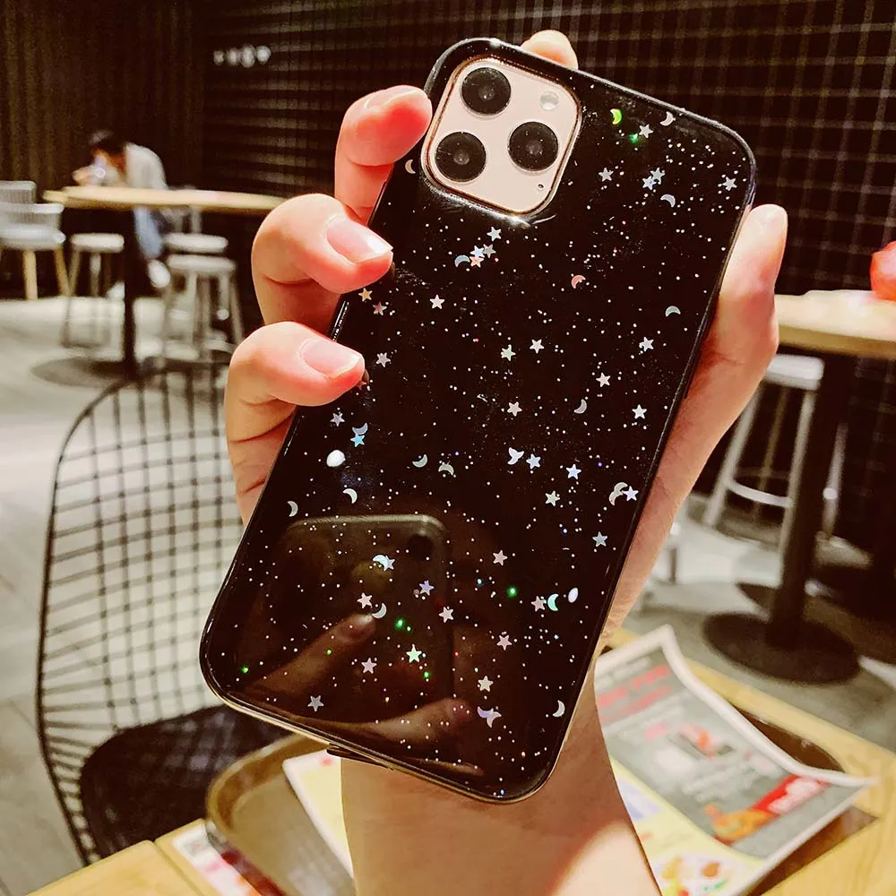 Блестящий чехол LOVECOM со звездами и Луной для iPhone 12 Mini 11 XS Pro Max XR X 6 6S 7 8 Plus прозрачный