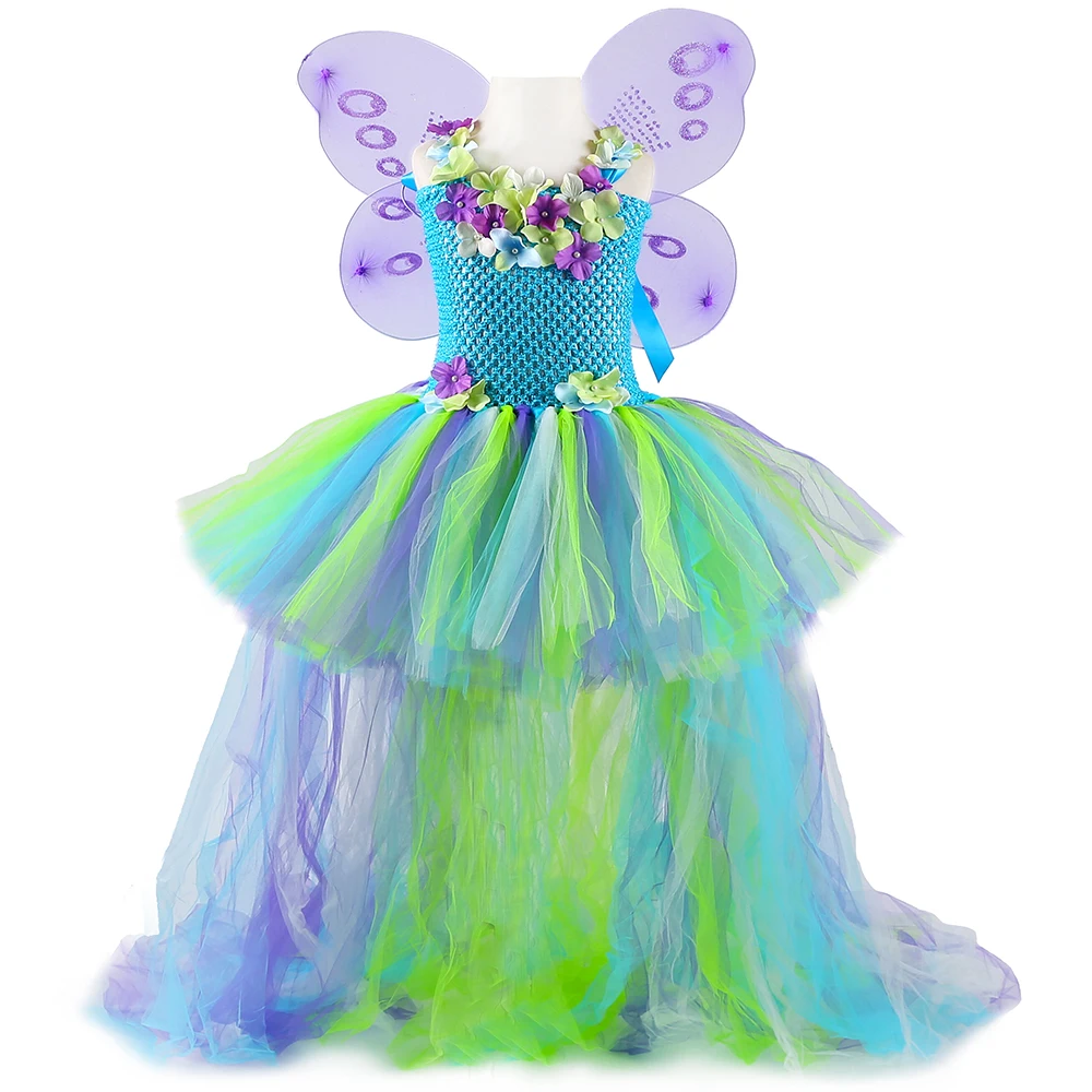 Вода фея юбка-пачка для девочек платье с длинным шлейфом принцессы цветочным