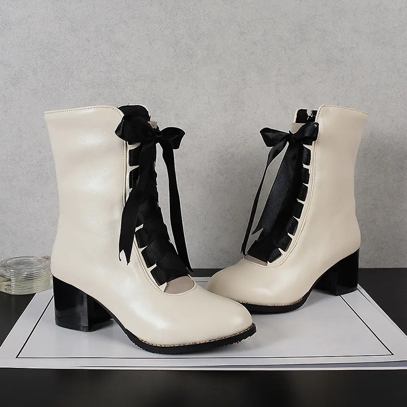 YQBTDL 2020 Fashion Riband Cross Strap Yellow Red Black Ladies Block High Heel Boots Autumn Winter Ankle for Women Booties | Обувь