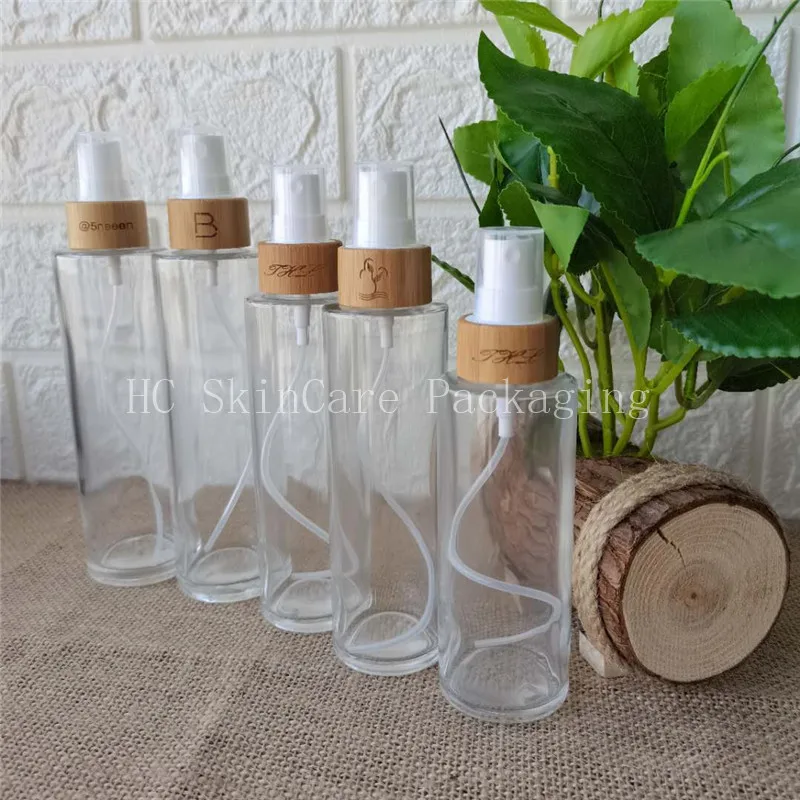 100ml 120ml 150ml Skin Care Clear Glass Pump Sprayer Serum Lotion Bottle Clear glass bottle bamboo pattern lid for toner lotion