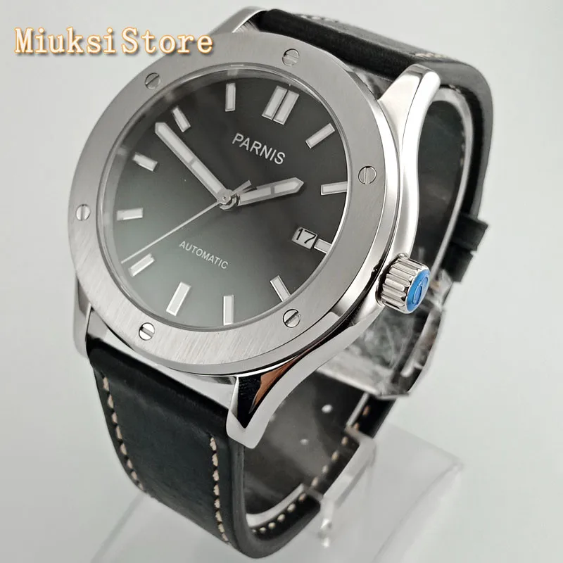 Мужские серебристые часы с сапфировым стеклом и кожаным ремешком | Наручные