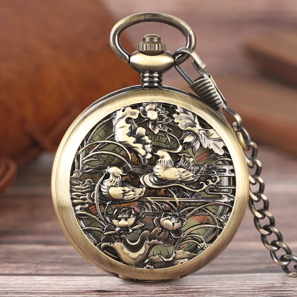 Bronze Hollow Auspicious Animals Design Automatic Mechanical Pocket Watch Luxury Elegant Vintage Self Winding Pendant Timepiece