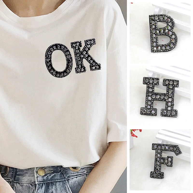 

1PC Stripe English Alphabet Rhinestone Sewing Applique Iron On Patch Clothes Sticker DIY 26 Letter Black Gray