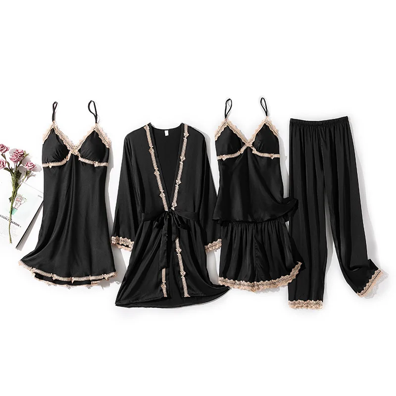 

Satin Sleepwear 5PCS Pajamas Set Lady Thin Kimono Bathrobe Gown Casual Loose Home Clothes Nightgown Spring Summer Pijamas Suit