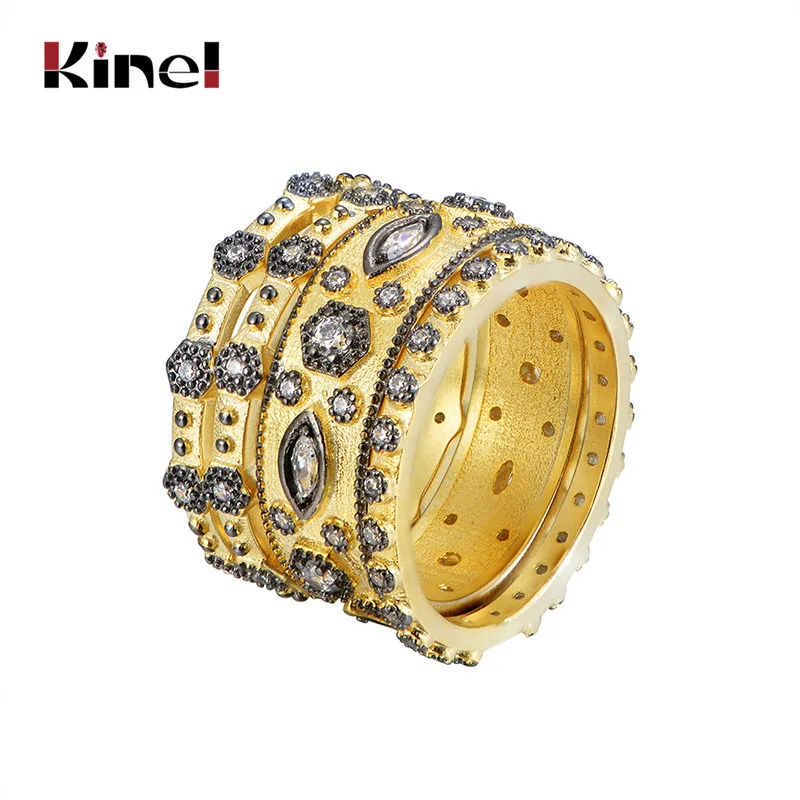 

Kinel Europe And America Vintage CZ 4 Piece Set Luxury Plating Gold 925 Sterling Silver Wedding Rings for Women Fashion Jewelry