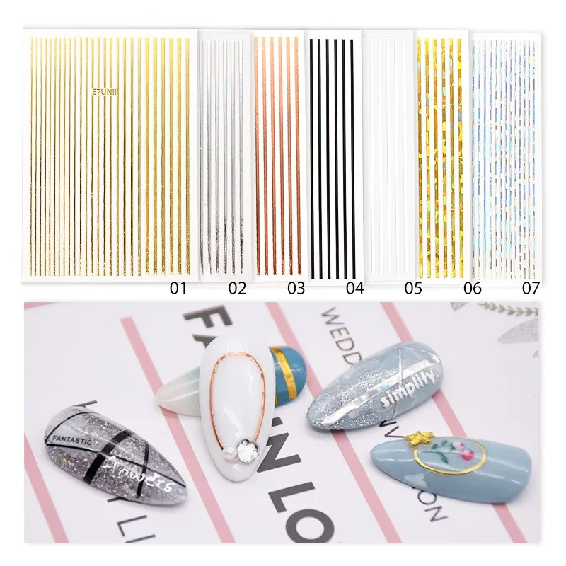 

1 лист золотых, серебряных, белых полосок, линий, 3D металлическая лента, клейкая наклейка для ногтей, сделай сам, дизайн ногтей