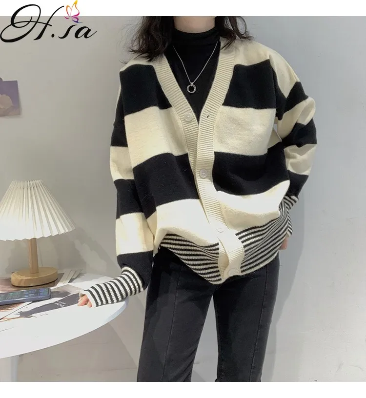

Hsa Internet Celebrity Contrast Color Striped Cardigan 2021 Korean Style Autumn Tops Fashion All-Match Sleeve Sweater For Women