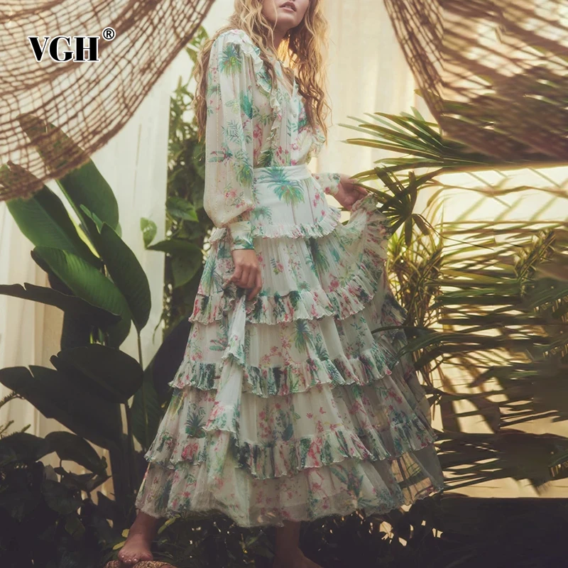 

VGH Bohemian Print Two Piece Set For Women Stand Collar Lantern Long Sleeve Tops High Waist Maxi Skirts Loose Sets Female Spring